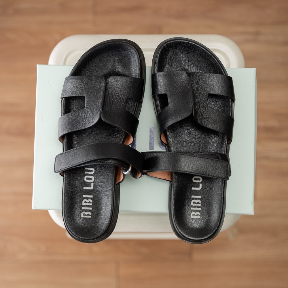 Bibi Lou Black Leather Adjustable Slide Sandals